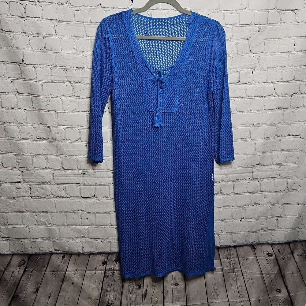 🎯 Blue Knit Mesh Dress One Size Drawstring Neck EUC